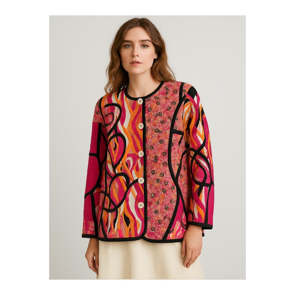 Vintage Colorful Abstract Quilted Jacket Button Front Artsy Boho 100% Silk